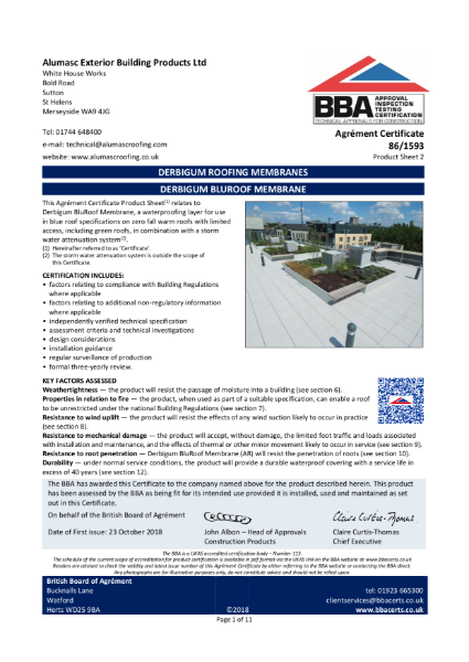 BBA (86/1593) Derbigum Membrane for Blue Roof