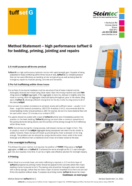tuffset G high strength specialist paving mortar method statement