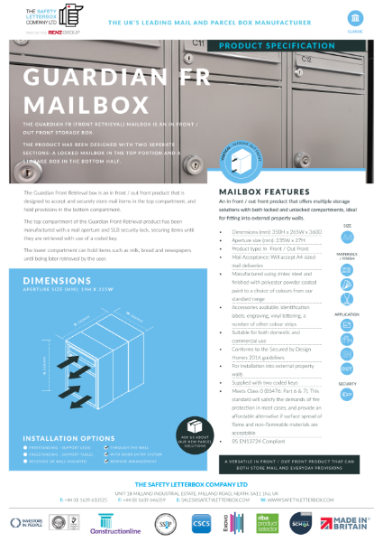 Guardian 3CL Front Retrieval Mailbox Datasheet