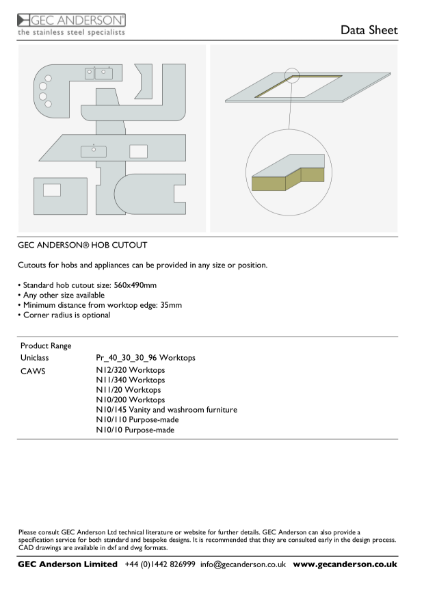 GEC Anderson Data Sheet - Hob Cutout