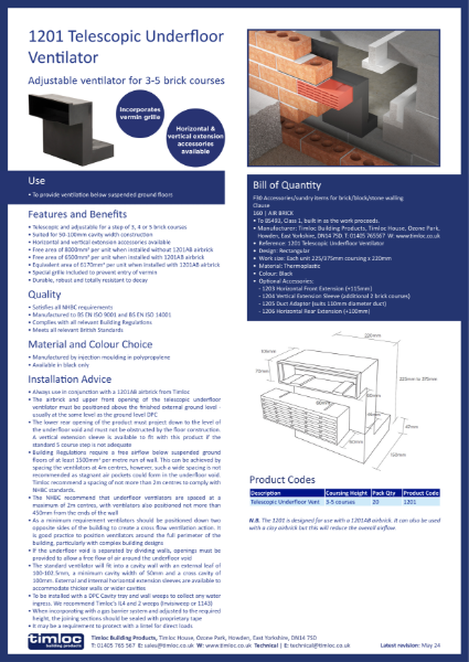 Timloc Building Products 1201 Telescopic Underfloor Ventilator Datasheet