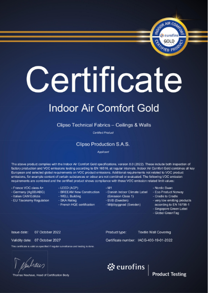 Ecophon Eurofins Air Comfort Gold - Clipso Technical Fabrics