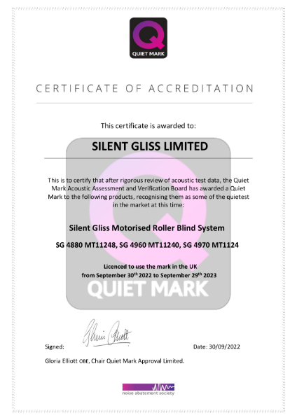 Silent Gliss Motor Roller Blind Quiet Mark Certificate 2022
