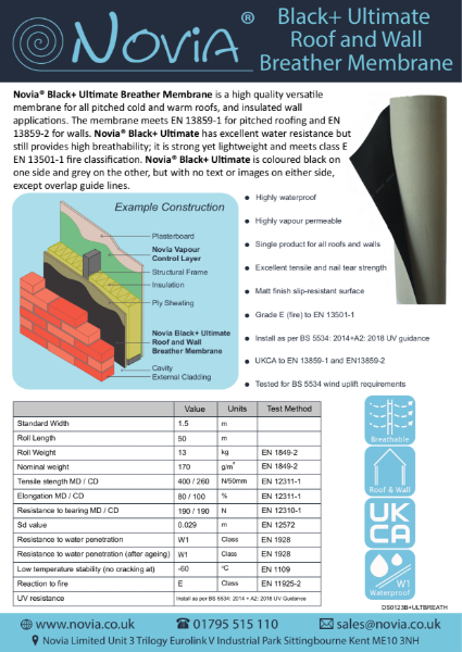 Novia Black+ Ultimate Roof and Wall Breather Membrane Datasheet