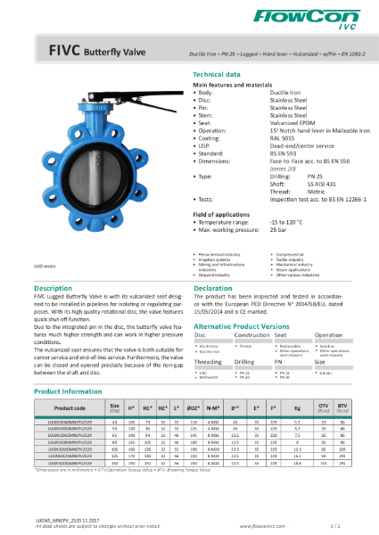 FlowCon IVC PN25 Lever Operated Fully Lugged Butterfly Valve