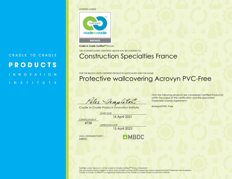 Cradle to Cradle Certification - Bronze - Acrovyn PVC-Free