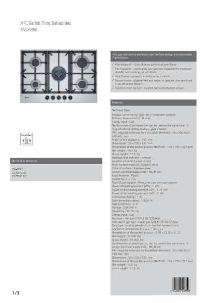 Stainless steel gas hobs T27DS59N0, Datasheet