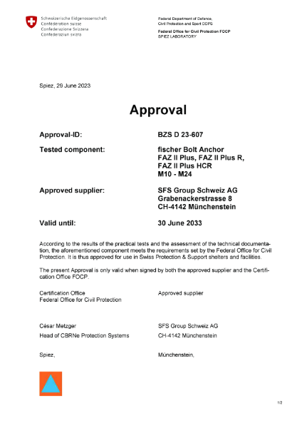 Federal Office for Civil Protection FOCP Approval BZS D 23-607