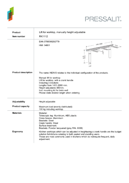 RK1112 - Lift for kitchen worktop, manually height adjustable – Product Data Sheet