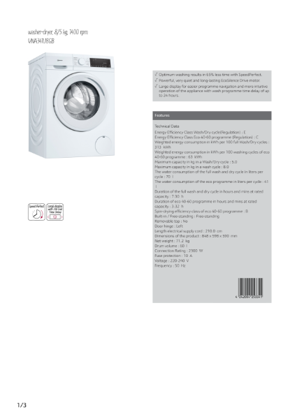 Freestanding Front Loading Washer Dryer, VNA341U8GB Datasheet