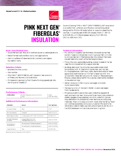Pink Next Gen Fiberglas Thermal Insulation Data Sheet
