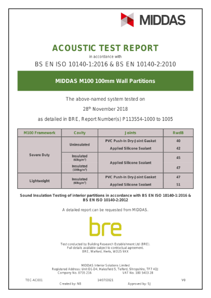 MIDDAS M100 100mm Wall Partitions Acoustic Test Report
in accordance with BS EN ISO 10140-1:2016 & BS EN 10140-2:2010