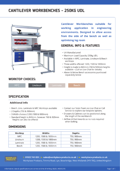 Cantilever Workbenches Data Sheet - Workplace Products