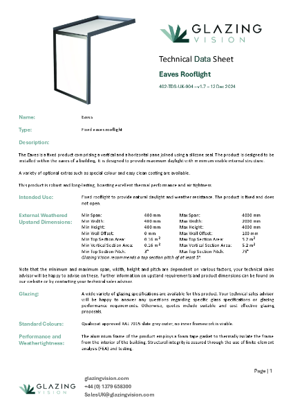 Flushglaze Eaves Rooflight Technical Data Sheet