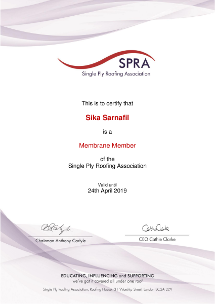 Single Ply Roofing Association Certificate