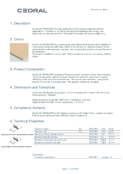 Cedral Bluclad Proboard Material Information Sheet