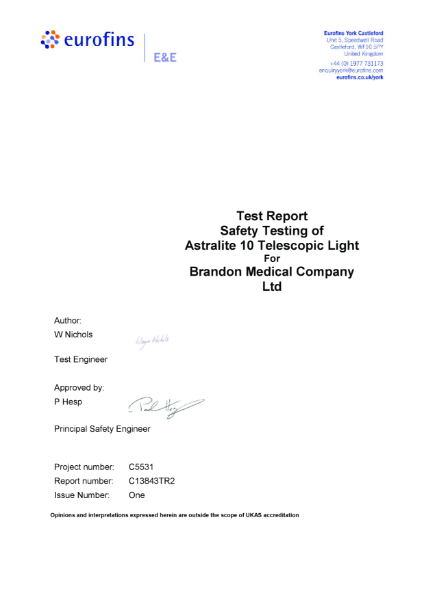 Test Report Safety Testing of Astralite 10 Telescopic Light