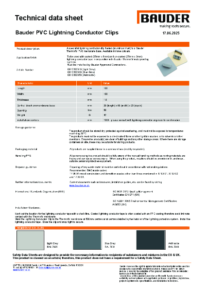 Bauder PVC Lightning Conductor Clips - Technical Data Sheet