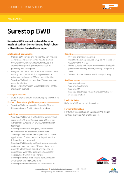 Surestop BWB Product Data Sheet | PUDLO Waterproof Systems & Cemfree ...