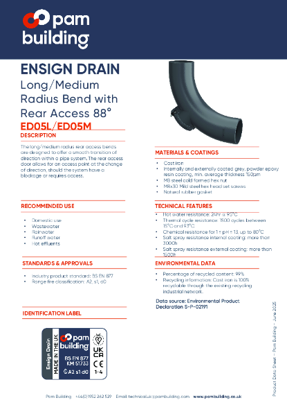 ED05L - LONG-MEDIUM RADIUS BEND WITH REAR ACCESS 88°