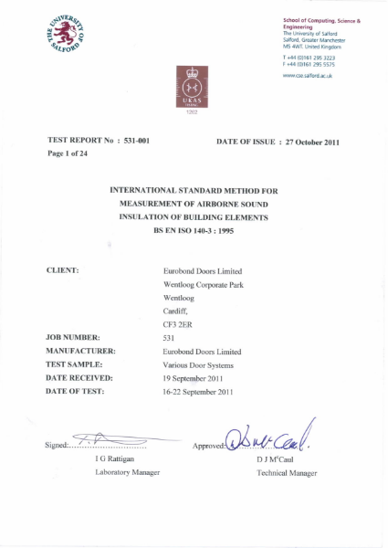 University of Salford - BS EN ISO 140-3: 1995 Acoustic Test Report