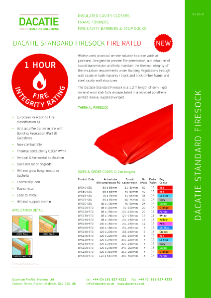 Dacatie Standard Firesock - Fire Cavity Barrier  1 Hour Fire  Integrity  -  20 to 300mm Cavities-  Data sheet