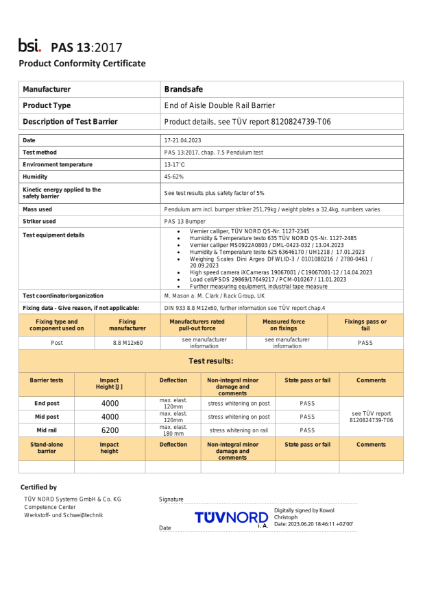 End of Aisle Barrier (Double) - PAS 13 Compliance Certificate - TÜV NORD