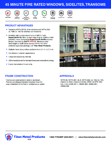 45 Minute Fire Rated Windows, Sidelites, Transoms - Data Sheet