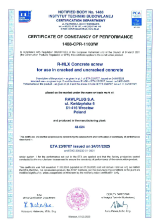 Certificate of constancy of performance
