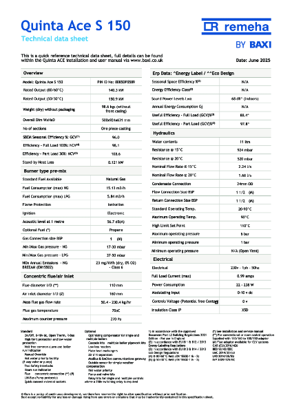 Baxi Quinta Ace S 150 - Technical Specification