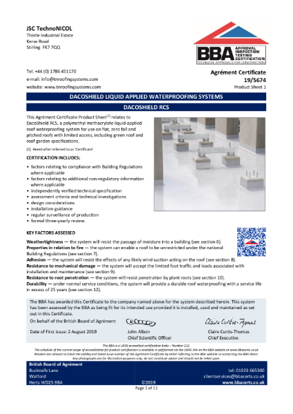 TN DACOSHIELD DACOSHIELD LIQUID APPLIED WATERPROOFING SYSTEMS - BBA Certificate