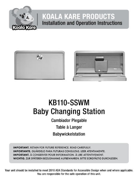 KOALA KARE PRODUCTS Installation and Operation Instructions - KB110-SSWM Baby Changing Station