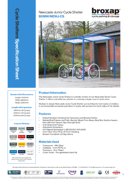 Newcastle Junior Cycle Shelter Specification Sheet