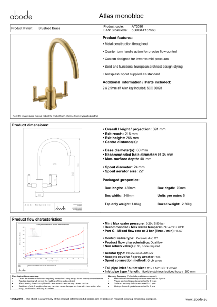 Atlas Monobloc in Brushed Brass (AT2096) Consumer Specification