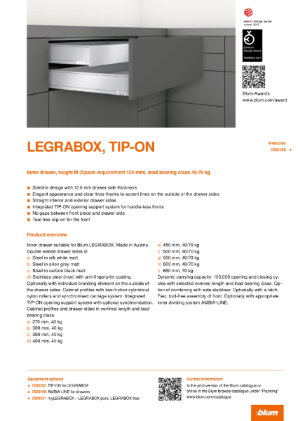 LEGRABOX TIP-ON M Height Inner Drawer Specification Text
