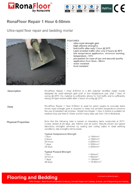 RonaFloor Repair 1 Hour 6-50mm Data Sheet