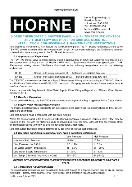 Instructions - Horne TSV-TFC Thermostatic Shower Panels