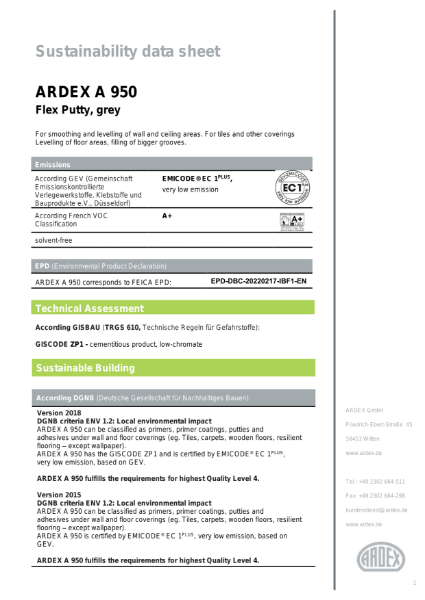 ARDEX A 950 Sustainability Data Sheet