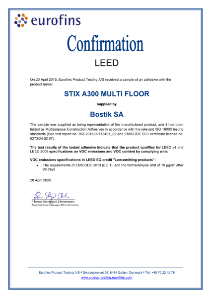 Bostik Stix A300 Multi Floor LEED Attestation