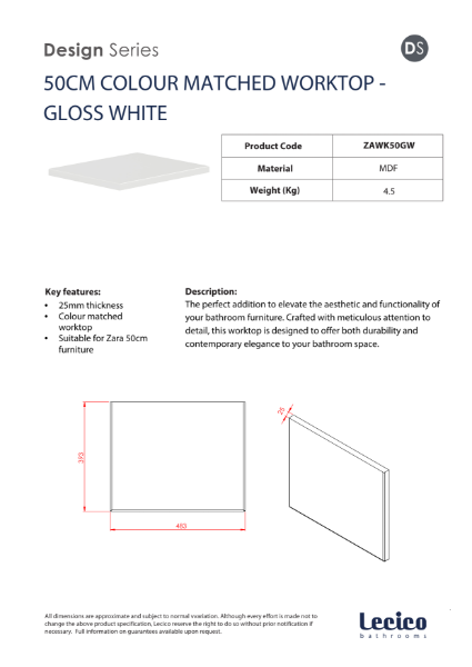 Zara 50cm Width 18mm Worktop - Gloss White