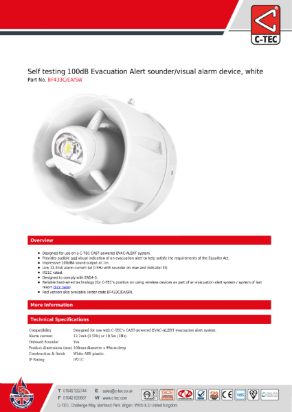 Datasheet for C-TEC's BF433C/EA/SW Self testing 100dB Evacuation Alert sounder/visual alarm device, white