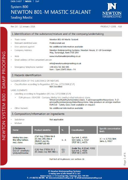 Newton Newtonite 801 Sealing Mastic - Safety Data Sheet