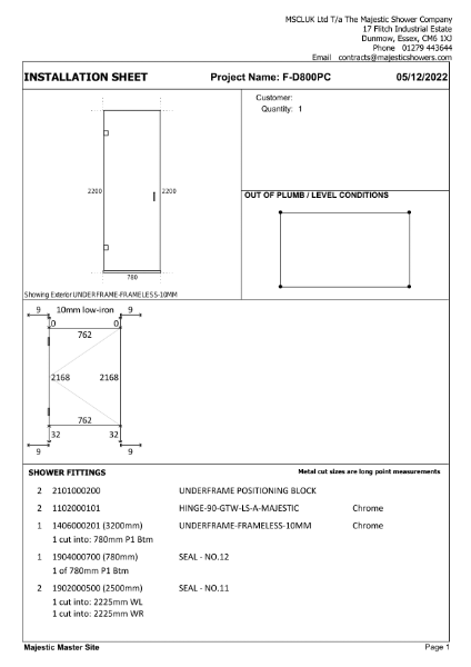 Installation Sheet - Maine 800mm