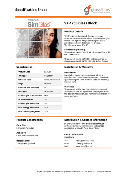 SX-1258 Glass Block – Product Data Sheet