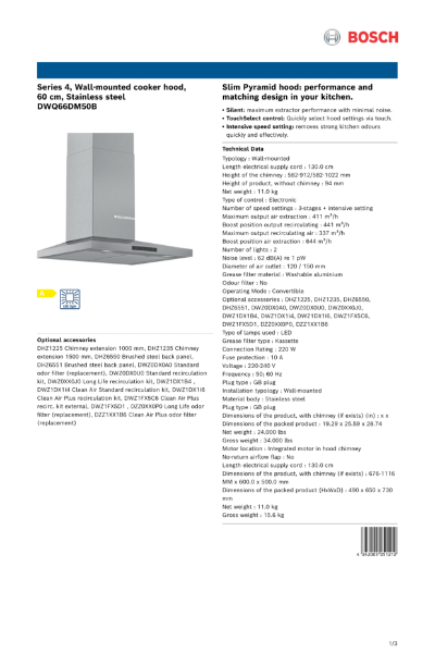 Series 4, Wall-mounted cooker hood, 60 cm, Stainless steel DWQ66DM50B