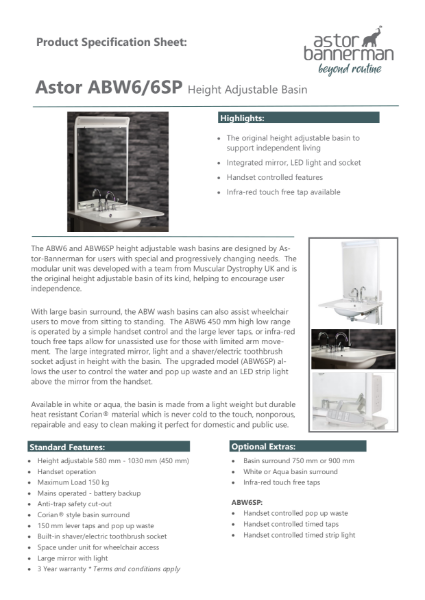 ABW6 / ABW6SP - Height Adjustable Washbasin Specification Sheet