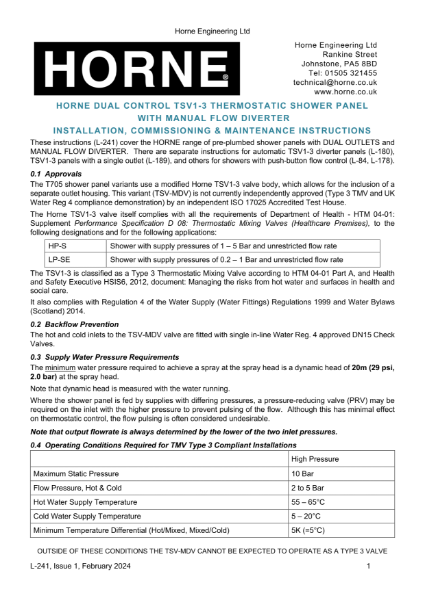 Instructions - Horne TSV-MDV Thermostatic Shower Panels