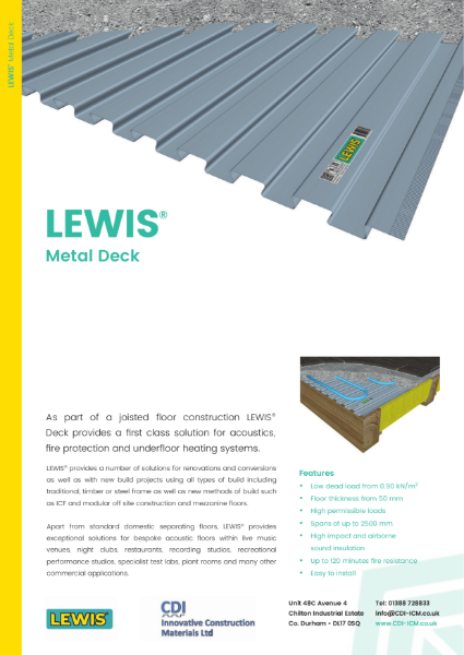 LEWIS Deck, steel and concrete floors for Acoustic separation, underfloor heating, load bearing and wet rooms