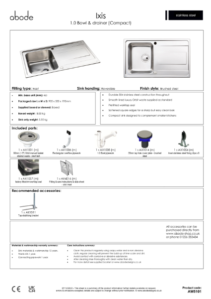 AW5101 Ixis Stainless Steel Inset Sink, Single Bowl with Drainer (Compact) - Consumer Spec