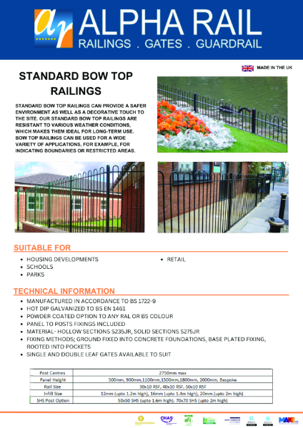 Standard Bow Top Railings Data Sheet